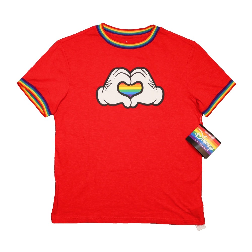 Disney Rainbow Collection T Shirt Mens M Red Mickey Heart Hands Pride Ringer New